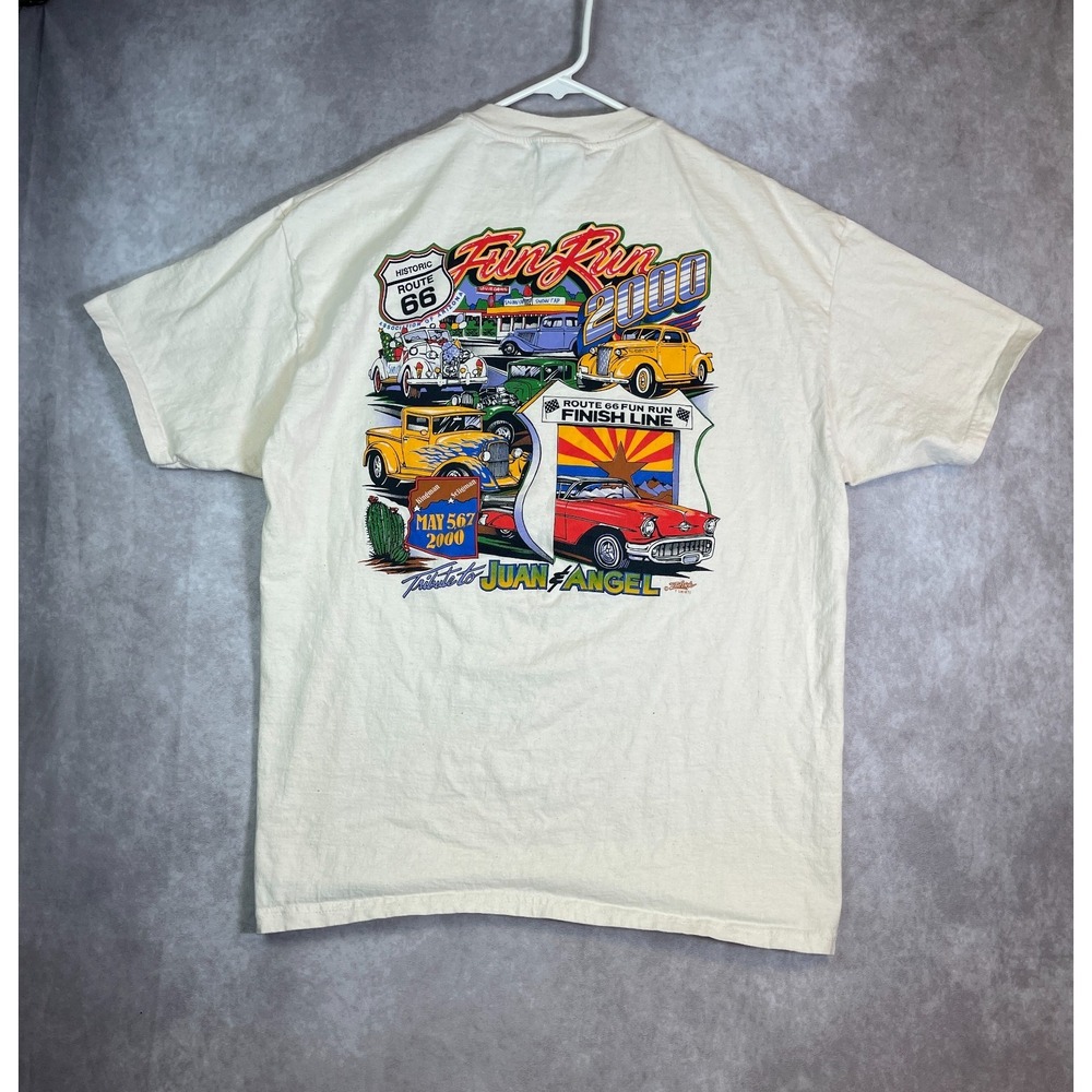 VINTAGE Route 66 Fun Run Shirt Mens XL White Graphic Tee Racing Cars Y2K